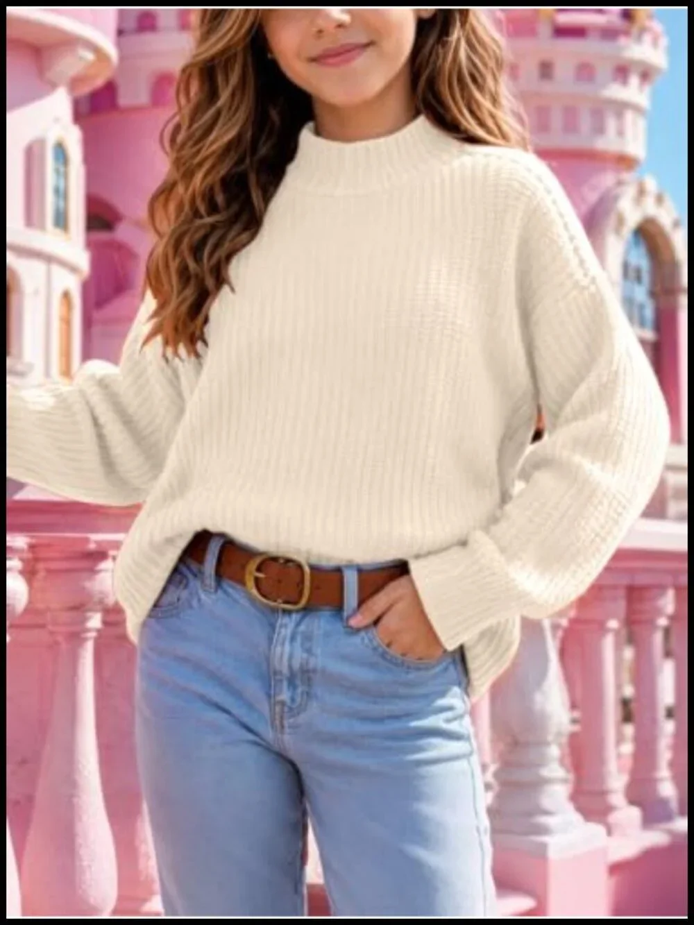 Girls Mock Neck Sweater Batwing Sleeve Loose Fit Knit Pullover